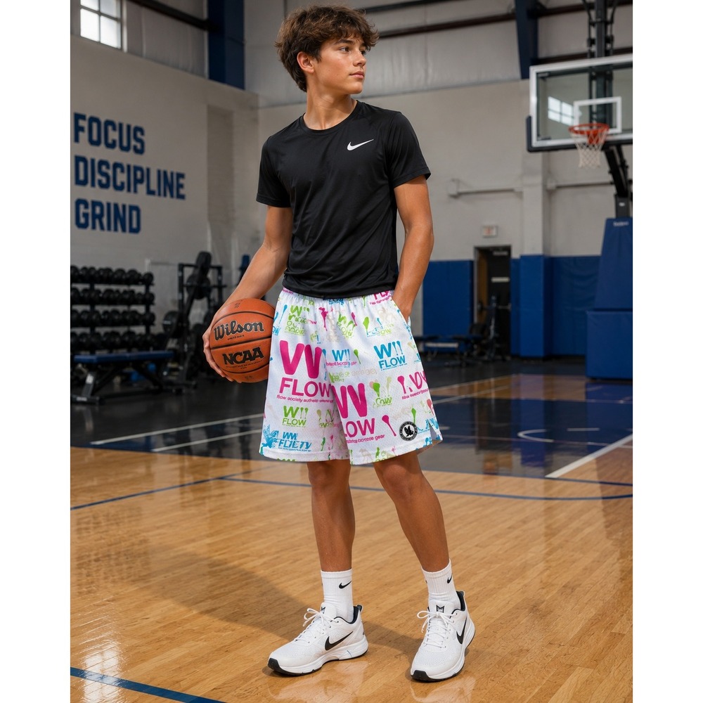Flow Society Lacrosse Shorts Mens XL White Mesh All Over Print Athletic Gym